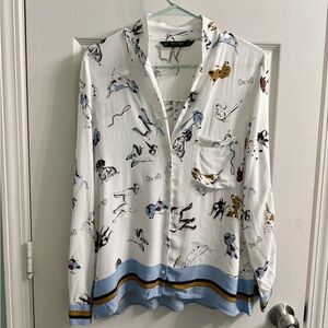 Zara White Blouse with Blue and Brown Accents